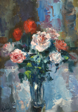 Картина маслом Розы живопись для интерьера букет цветов