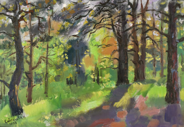 Картина лесной пейзаж живопись маслом на холсте Вечер в лесу