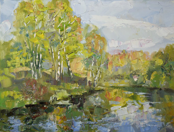 Картина маслом весенний пейзаж с озером на холсте