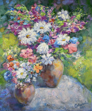 Картина с цветами летний букет со страусиными ромашками живопись
