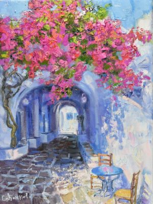 Картина Греция цветущая бугенвиллия пейзаж маслом на холсте