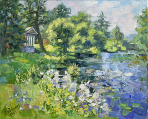 Картина с озером летний пейзаж цветущий берег усадьба Приютино