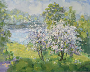 Картина Яблони в цвету весна пейзаж маслом на холсте 40 х 50 см.