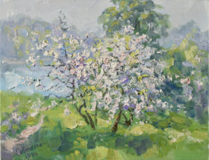 Картина Яблони цветут весенний пейзаж маслом на холсте