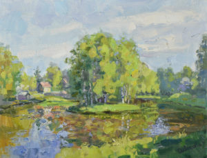 Картина весенний пейзаж с рекой маслом на холсте